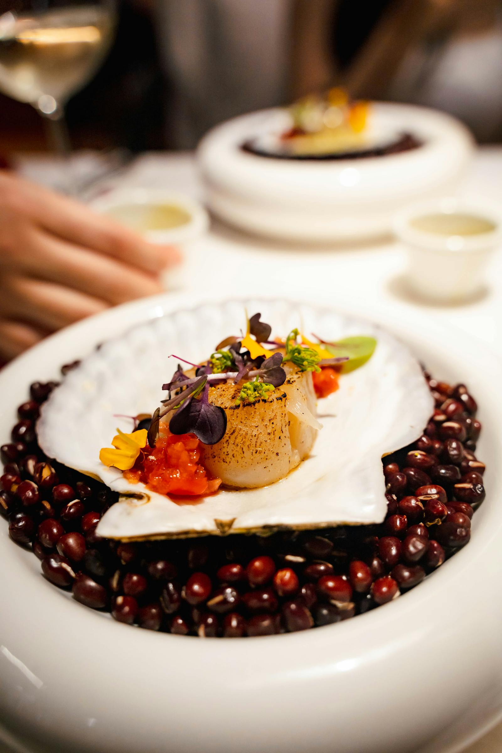Plat de viande grillée garnie de fleur orange et microgreens, gros plan